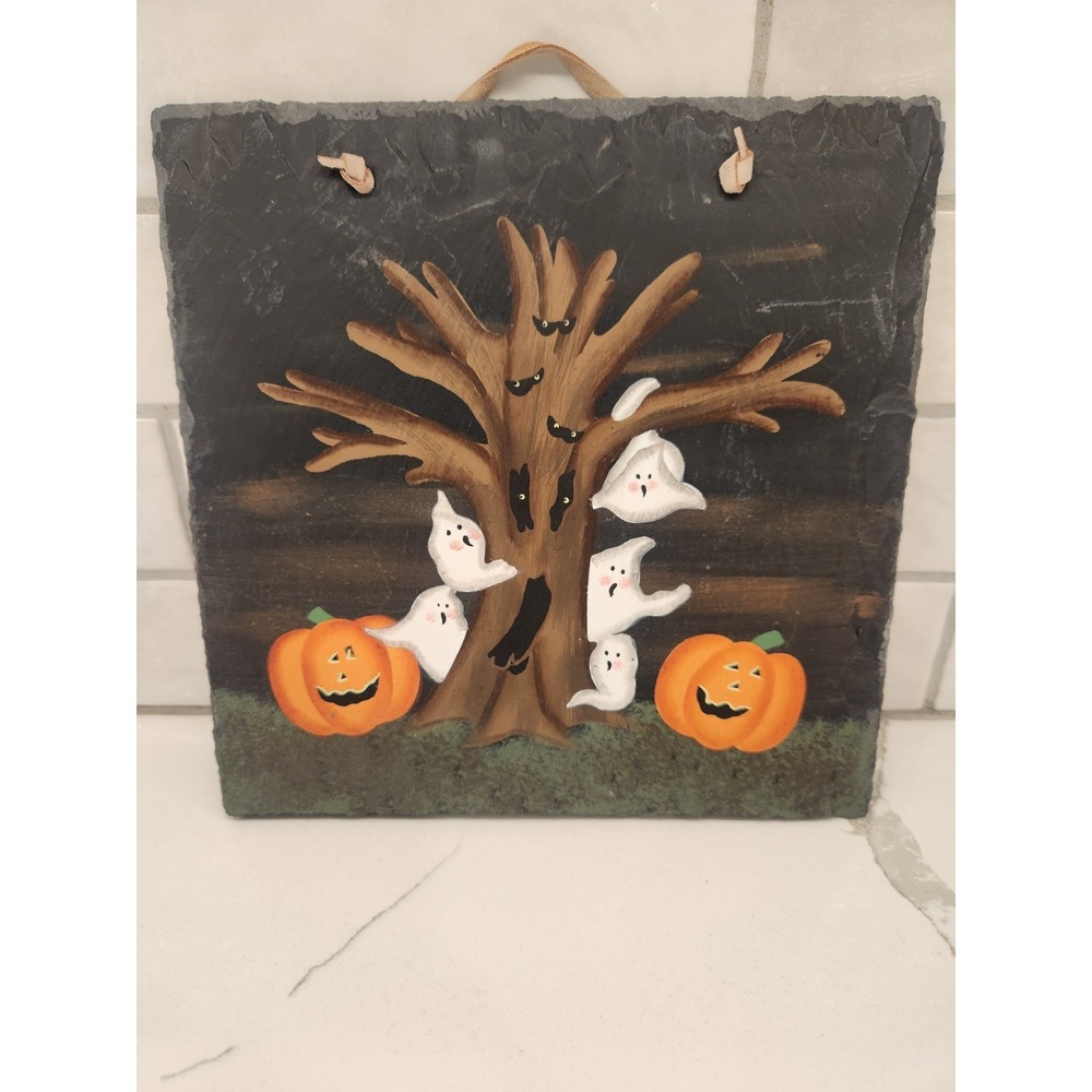 Hand-painted Slate Rock Halloween Scene Jack O Lantern‎ Ghost Spooky Tree Hanger